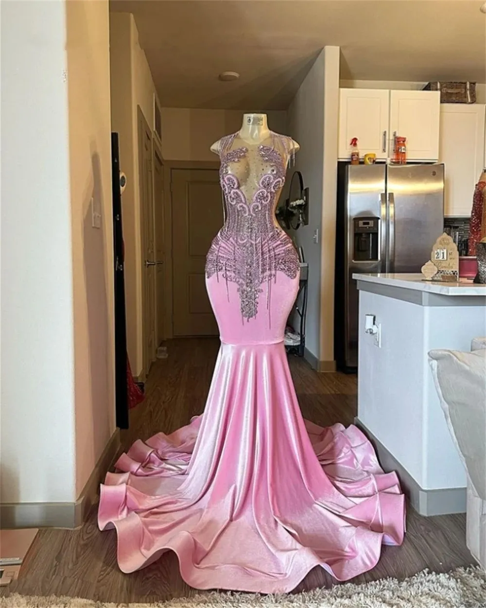 Robe de bal sirène en velours rose pour bébé, avec franges en cristal, longue traîne scintillante, robes de soirée africaines de luxe, robe de soirée, 2024