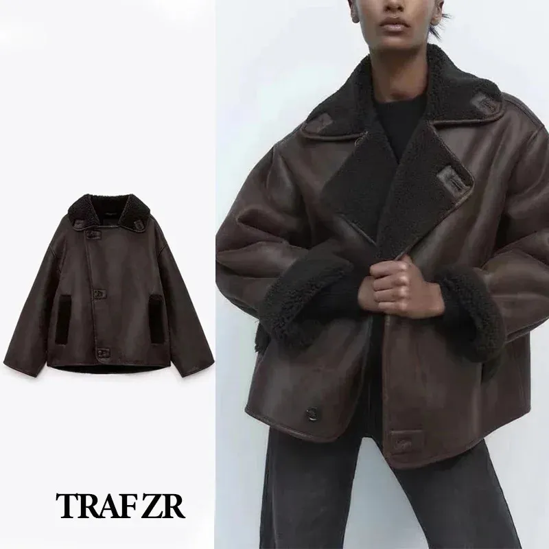 Femmes en cuir Faux TRAF ZR manteau d'hiver pour les femmes fourrure épaisse en peau de mouton revers fermeture éclair Pu veste dame chaud moto vestes 231115