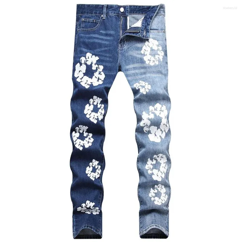 Men's Slim Fit Jeans Fashion Flower Print Denim, Contrast Color Spliced  Stretch Trousers, Painted Design, Straight Leg Blue/Black/White