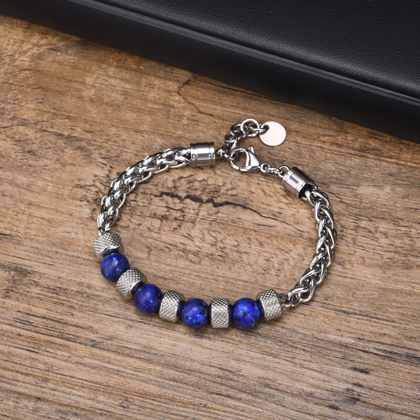 Stainless Steel Tiger Eye Stone Black Agate Beaded Braided Chain Bracelet for Men 18cm+3cm