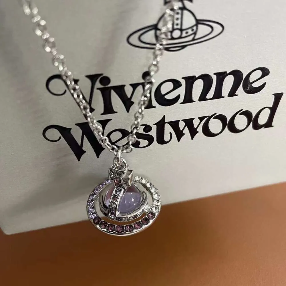 24SS Designer Viviennewestwood Empress Dowager of the West 3d Saturn Purple Ball Necklace Women's Classic Ufo Planet Full Diamond Clavicle Chain High Edition