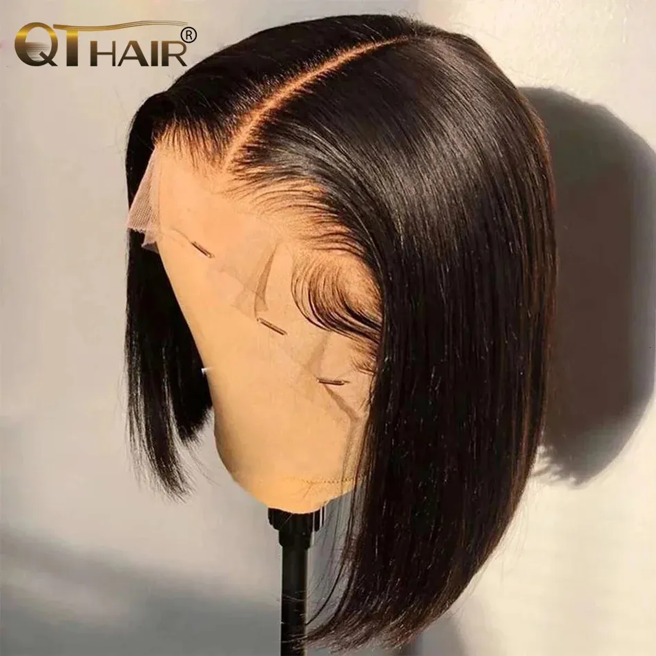 Synthétique s droit court Bob dentelle frontale cheveux humains pré plumé brésilien pour les femmes noires QT 231114