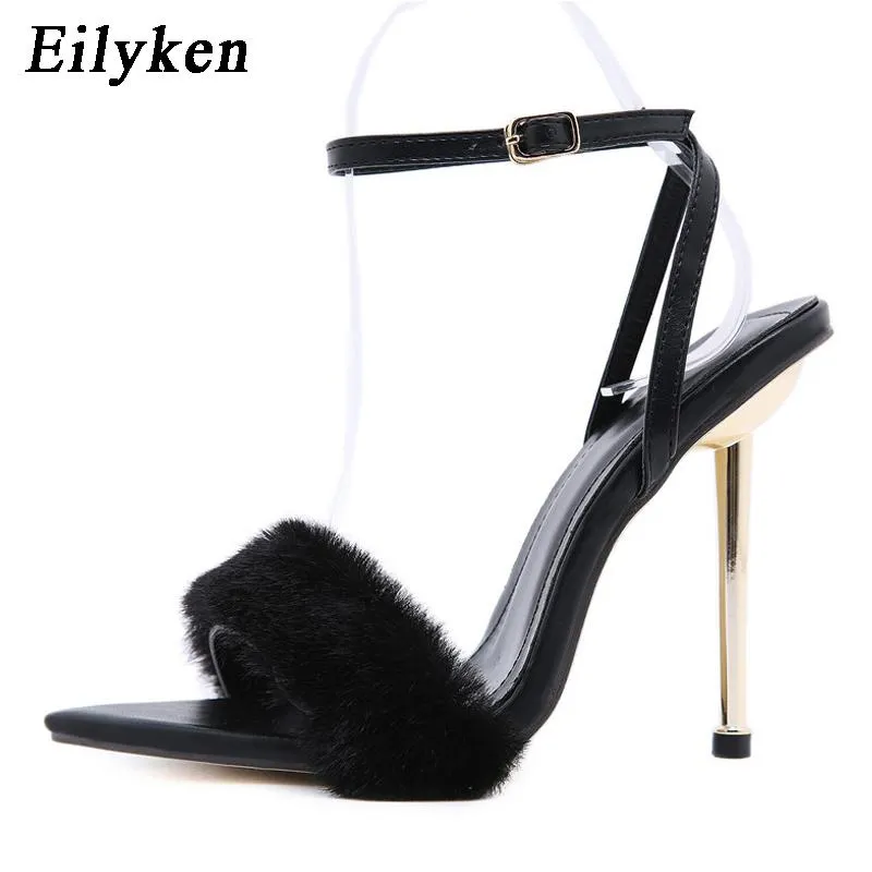 Sandales Rose Blanc Femmes Sexy Bout Ouvert Furry Fourrure D'été À Talons Hauts Dames De Mariage Stripper Chaussures