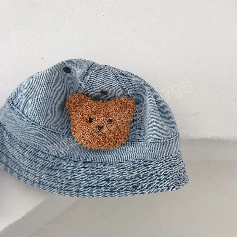 Opvouwbare baby denim emmer hoed cartoon beer kids sun protect cap zomer herfst baby baby peuter zonnescherm vissershoed