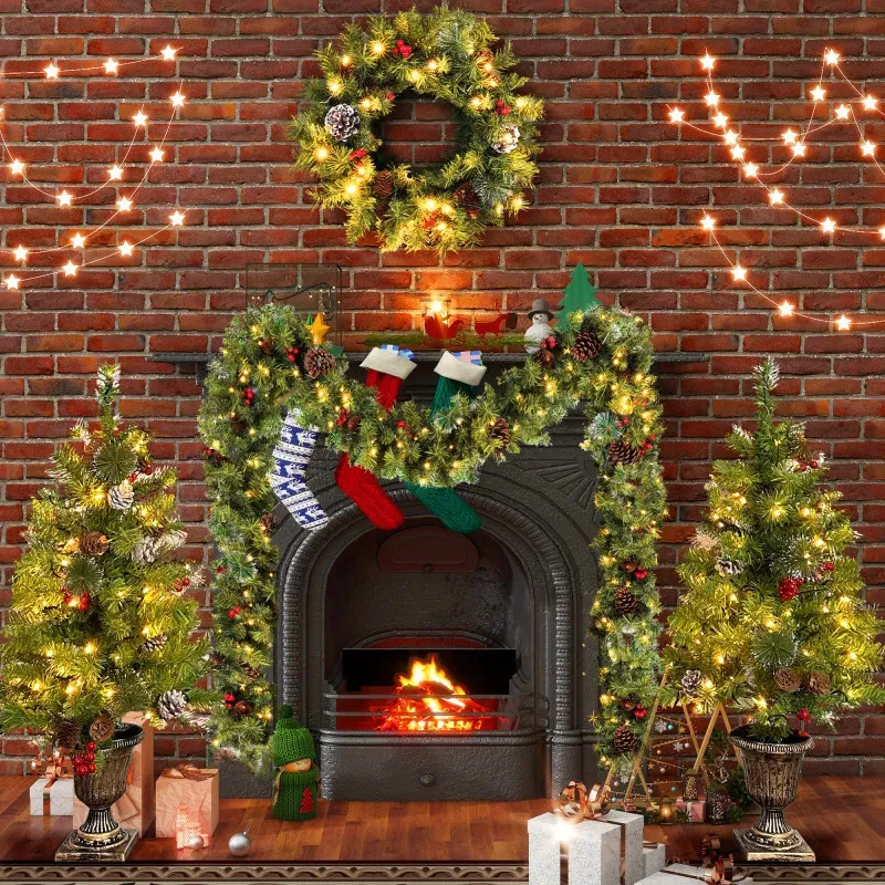 Juldekorationer Prelit Tree Artificial 4 -Stycke Set Garland Wreath och av 2 3ft ingångsträd Xmas med LED -lampor 231115