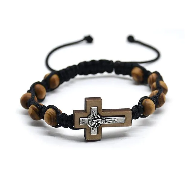 Träpärlor Cross Jesus Bried Armband Justerbar kaffebrun Xmas gåva Ny ankomst Män kvinnor Vintage