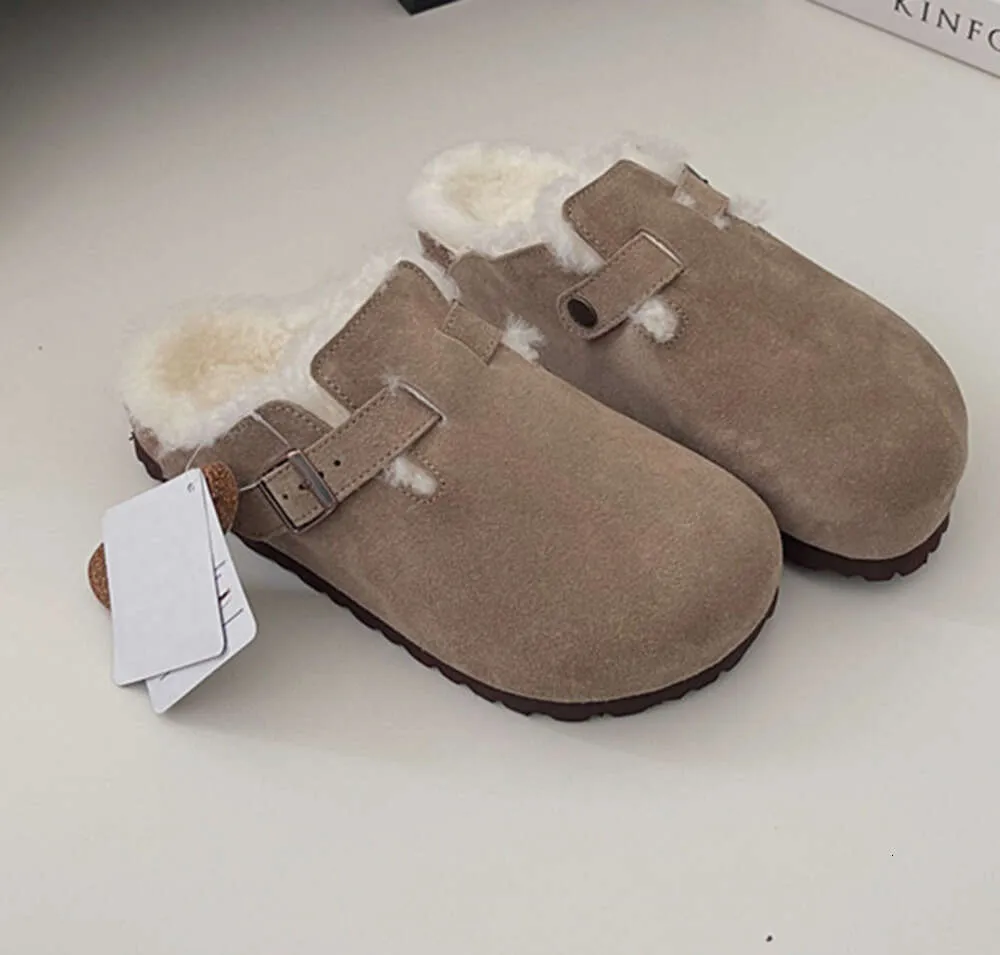 Stupy Furt Shearling zamsz Boston Clogs Kobiety Sandal Designer Buty poślizgu na płaskiej muła wełna wełna pucha szkiełki korkowe mody skórzana torba głowa odporna na zużycie