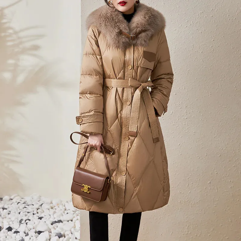 Women's Down Parkas OC00310 Long Jacket Coat Päls Krage Patchwork Leather White Goose Wholesale Customization 231115