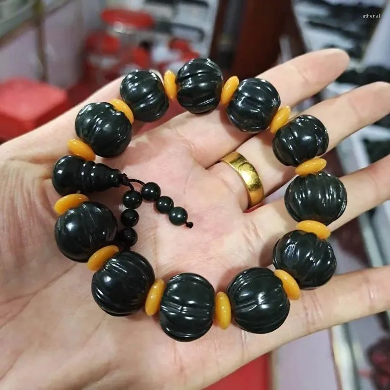 Strand Natural Green Jade Bracelet Men Women Fine Jewelry Accessories Genuine Chinese Hetian Jades Nephrite Pumpkin Beads Bracelets