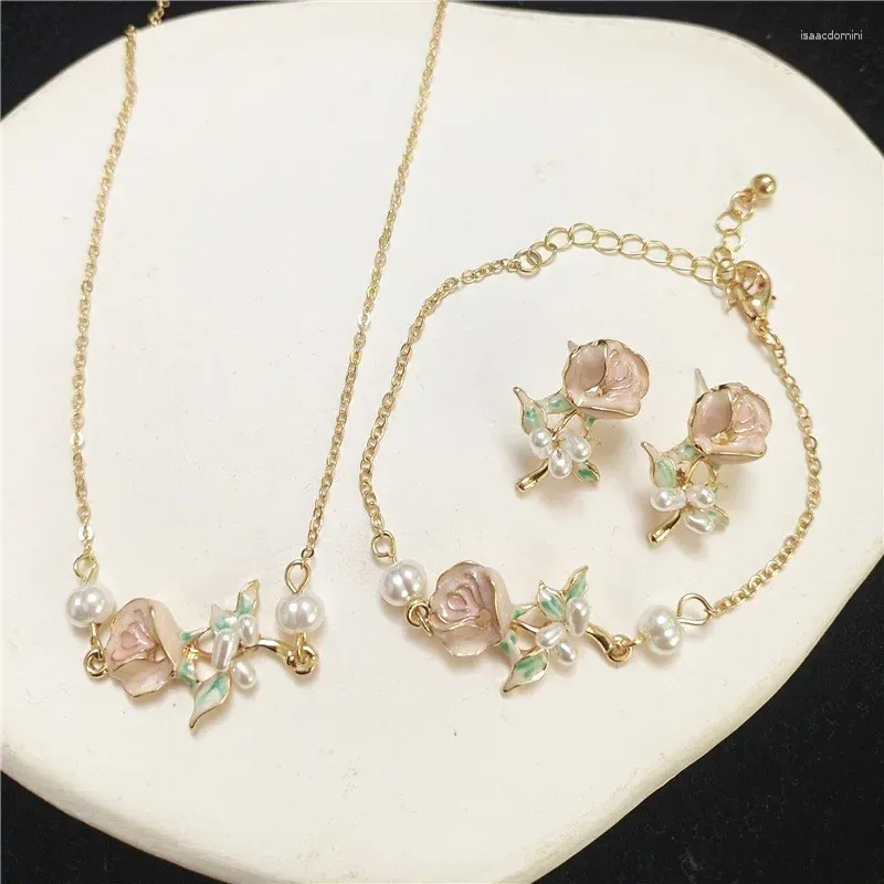 Necklace Earrings Set 2023 French Vintage Pink Rose High Sense Pearl Ring Women's Versatile Exquisite Jewellery Accessories