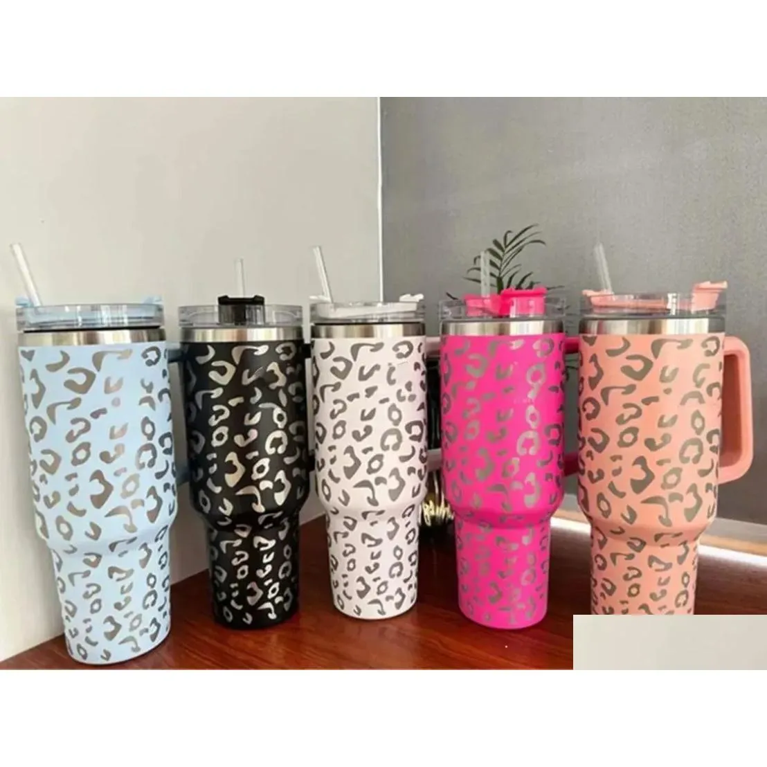 Water Bottles 40Oz Reusable Tumbler Logo Cow Print Leopard With Handle And St Stainless Steel Insated Travel Mug Tumblers Keep Drink Dhux9