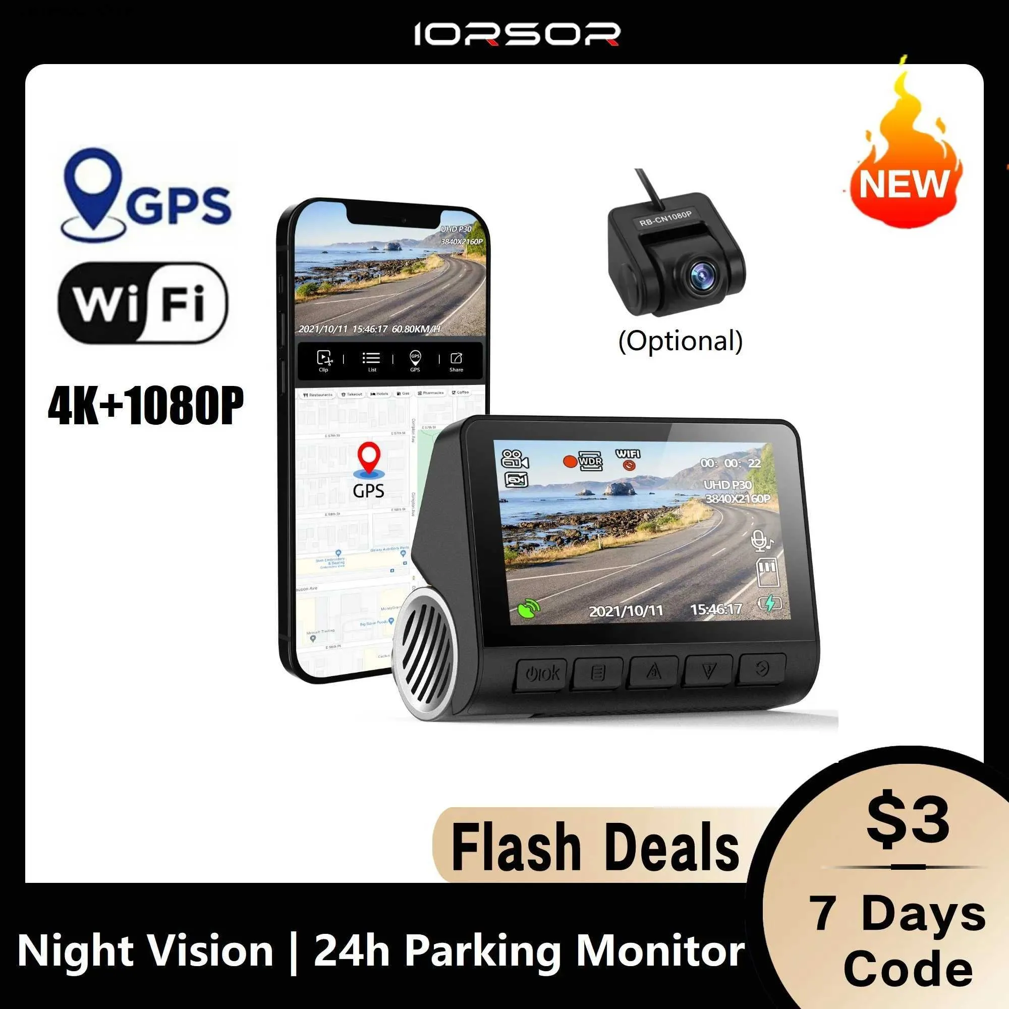 カーDVR Dashcam 4K GPS WIFI 24HパーキングモニターダッシュカムカーカメラフロントおよびリアデュアルDVRSビデオ登録者DVRパラCOCHE KAMERA Q231115