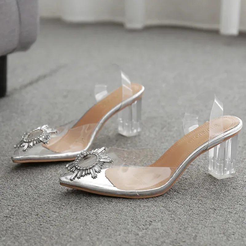 Klänningskor sommar transparent höga klackar 7 cm sandaler kvinnors sexiga slip-på spetsiga tå pumpar skor mode komfort silver party sandaler 231116