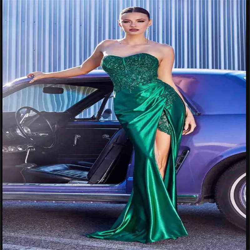 Trägerlose lange Abendkleider für Frauen, formales Spitzen-Perlenkleid für den Abschlussball, seitlich geteilt, elegante Damen-Abschlussballkleider, sexy, neu