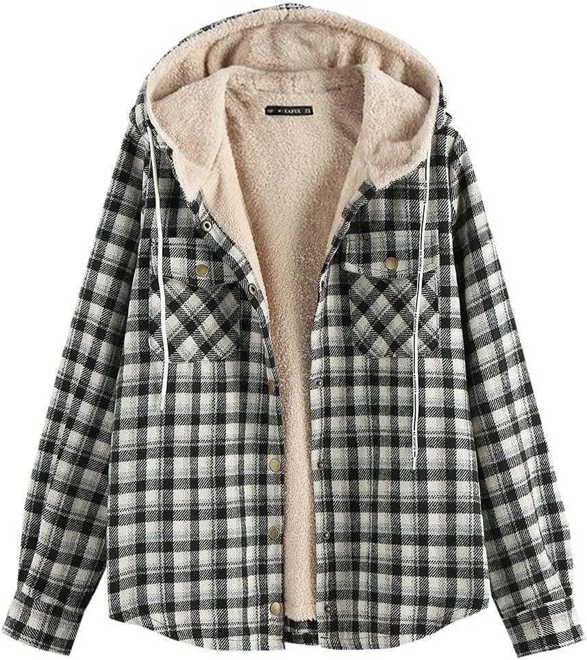 winter jacket women Plaid Fleece Lined Hooded Button Up Oversized Fuzzy Coat Checkered Flannel Hoodie Jacket 64AZM