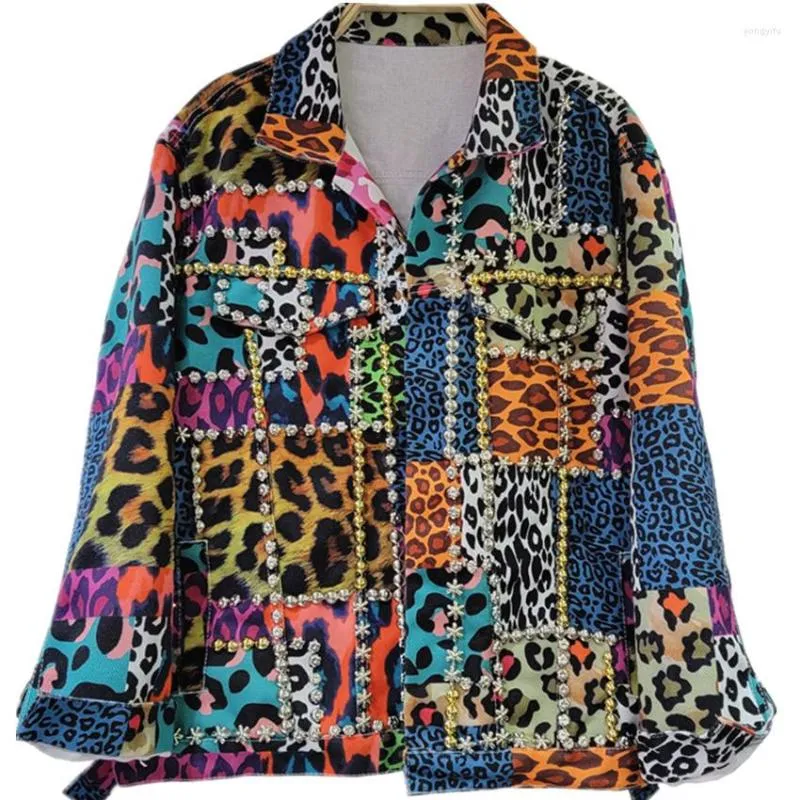 Kvinnorjackor 20233 Spring Fashion Leopard Print Women Denim Jacket Rivet Pärled Casual Loose Long Sleeve Outwear