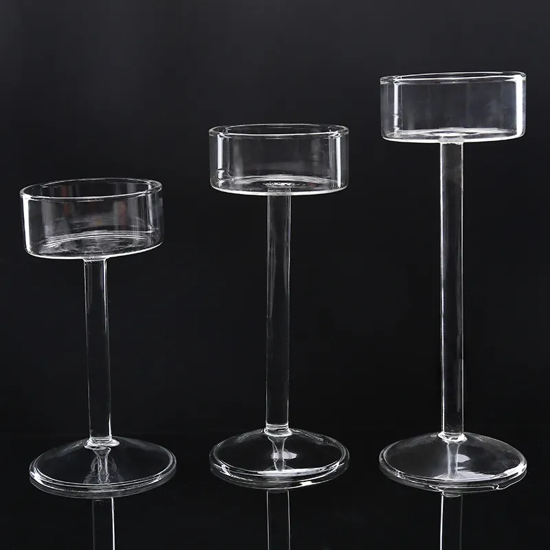 tall long stem clear glass tea light pillar candle holder 3 size set for Wedding Party Home Decor