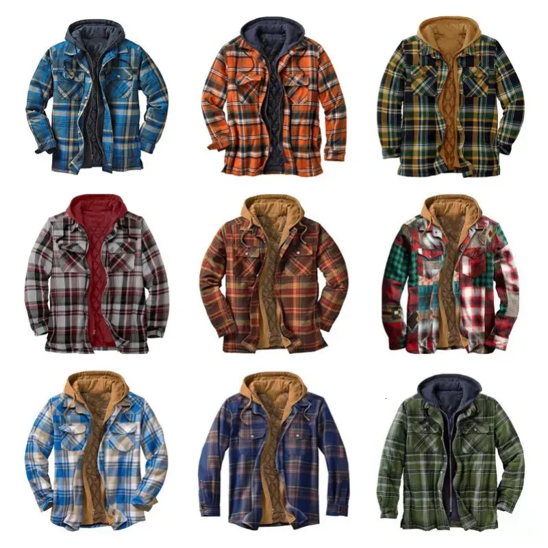 Mens Jackets Flannel Shirt Jacket with Removable Hood Plaid Quilted Lined Outdoor Winter Coats Thick Hoodie Outwear Man Fleece Shirts 231116