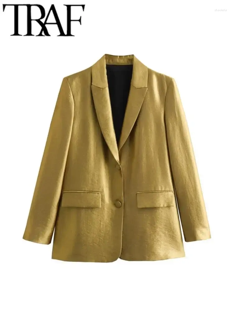 Women's Suits Gold Metallic Women Coat Casual Party Buttons Long Sleeve Blazer Office Suit Jacket Female Top Y2K 2023 Autumn