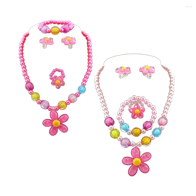 Ketting Oorbellen Set 2 Sieraden Plastic Bloemen Ontwerp Armband Ring Oorbel Kit Cartoon Partij Gunst Voor Meisje Kinderen Dragen