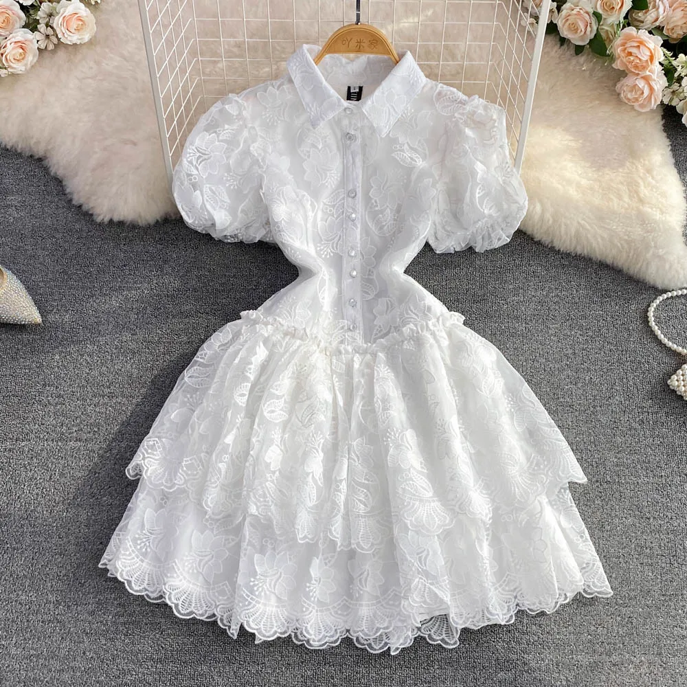 2023 Summer Retro Style Super Immortal Dress with Polo Collar Single breasted White Embroidered Bubble Sleeves A-line Cake Dress