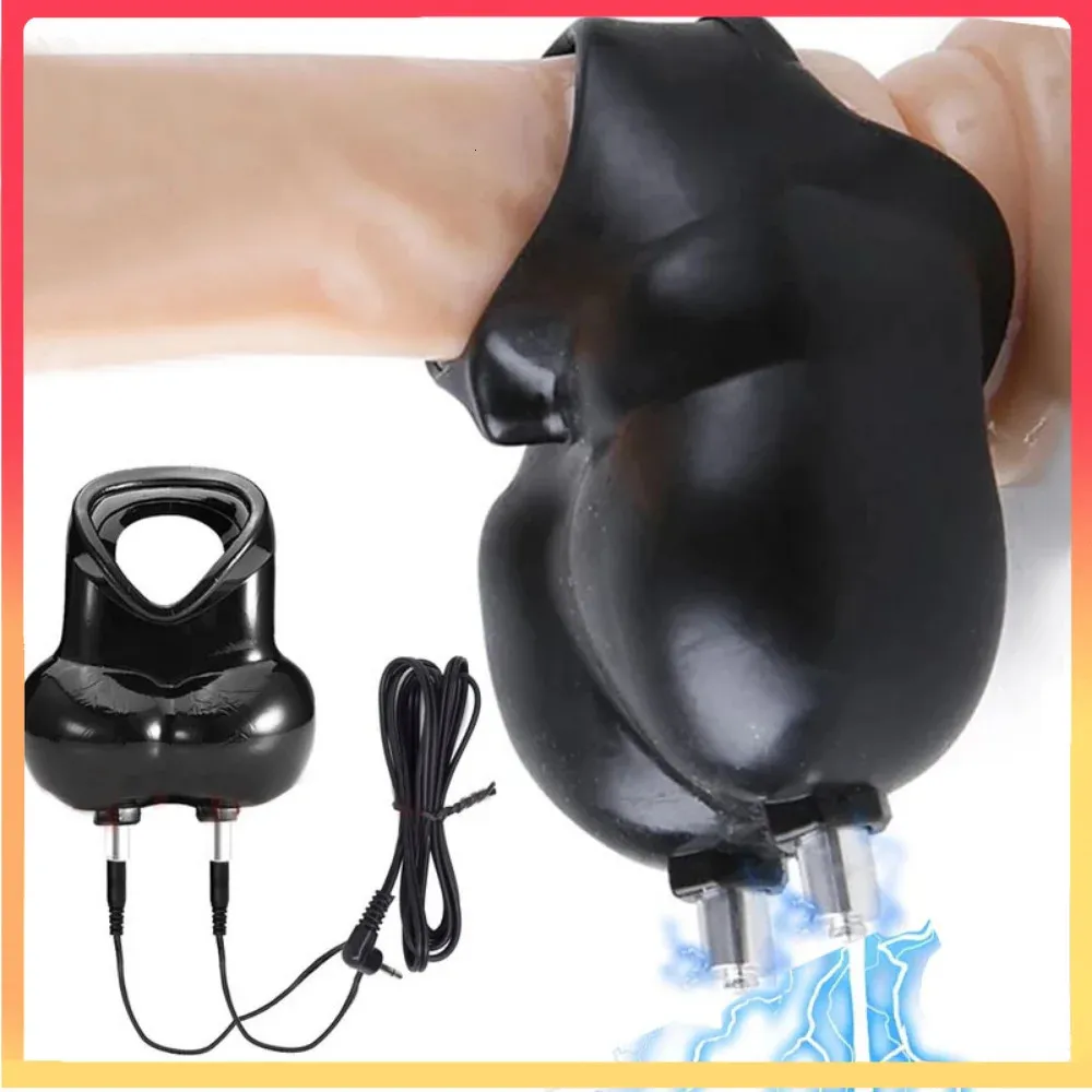 Vibrateurs Choc électrique Stimulateur de testicules Cage de chasteté Mâle Electro Scrotum Pouch Bdsm Bondage Cock Scrotum Sleeve Trainer E-stim Toys 231116