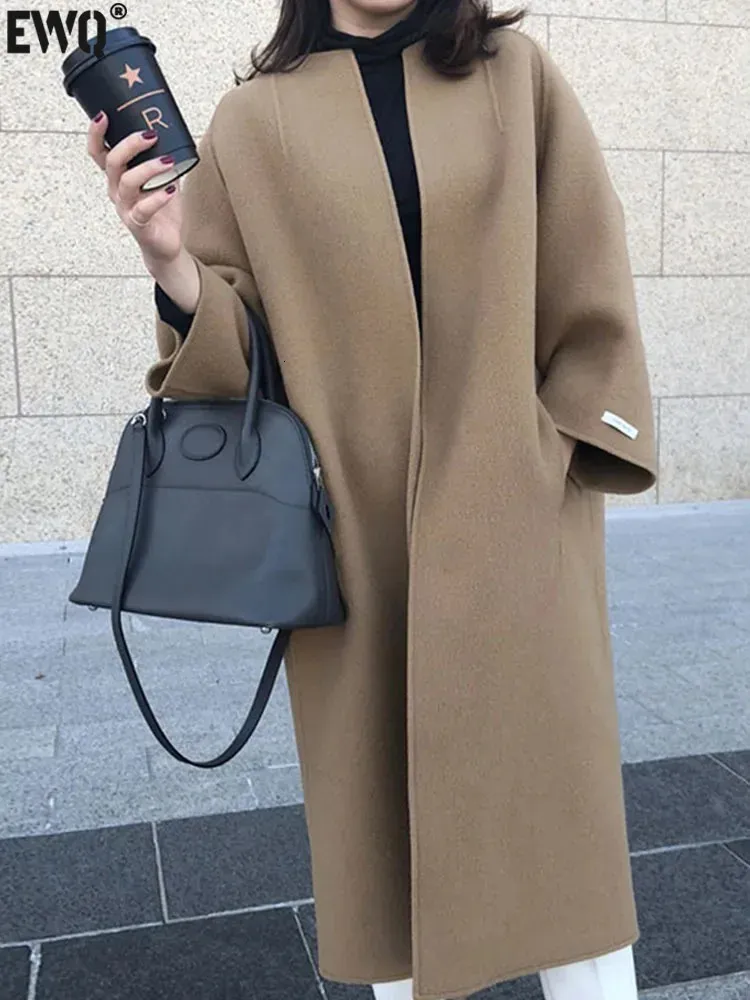 Women's Wool Blends EWQ Simple Multi Colors Brown Beige Black Woolen Double-faced Cashmere Coat Overcoat Outerwear Autumn Winter 16U5541 231116