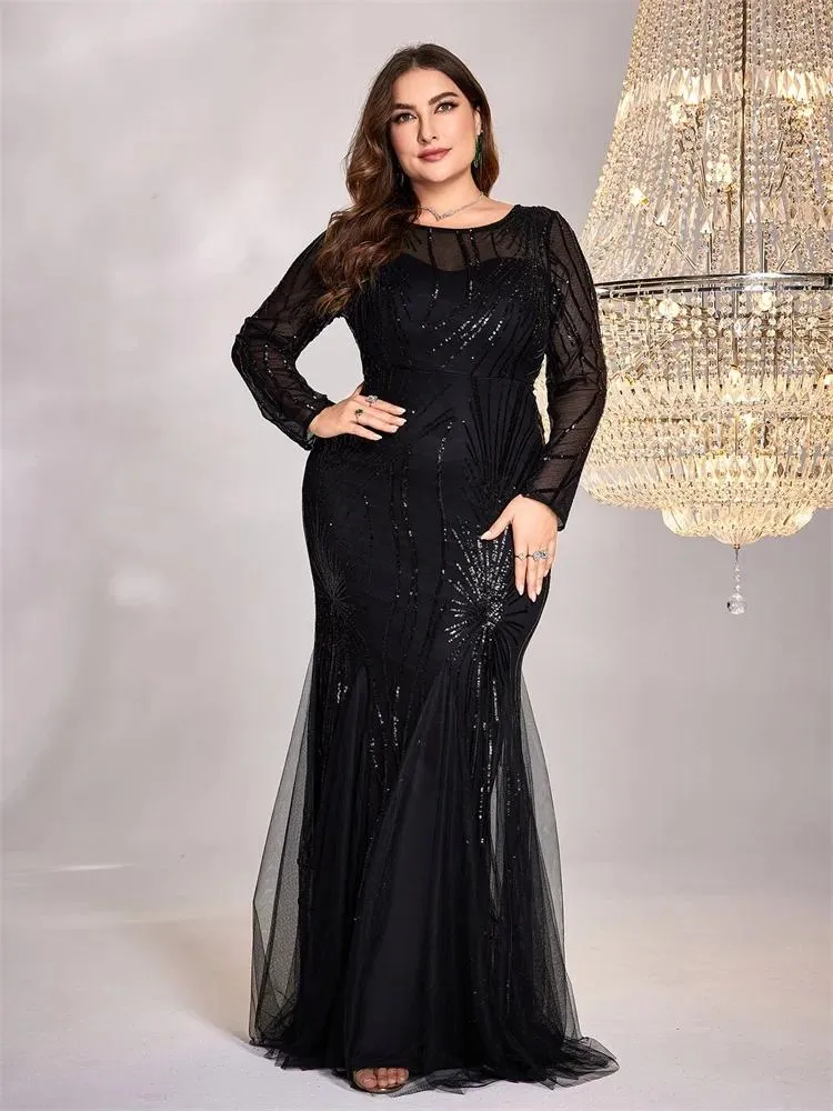 Party Dresses Lucyinlove Plus Size Elegant Long SemeVes Sequin Evening For Women Mermaid Formella brudtärna Maxi Prom Dress Gown