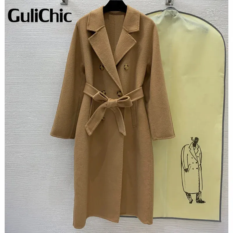 Wełniane mieszanki wełny 9,25 Kobiety Gulichic Proste temperament podwójny design wełniany płaszcz z paskiem z paskiem 231116