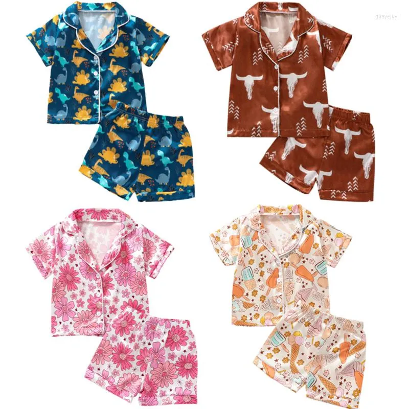 Kläder sätter sommar småbarn baby flicka pojkar pyjamas satin set kort ärm knapp-up skjorta shorts 2pc kläder