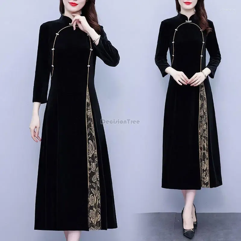 Ethnic Clothing 2023 Chinese Vintage Velvet Improved Long Cheongsam Fashion Plus Size Qipao Dress Sleeve Slim Women Daily Elegant S852