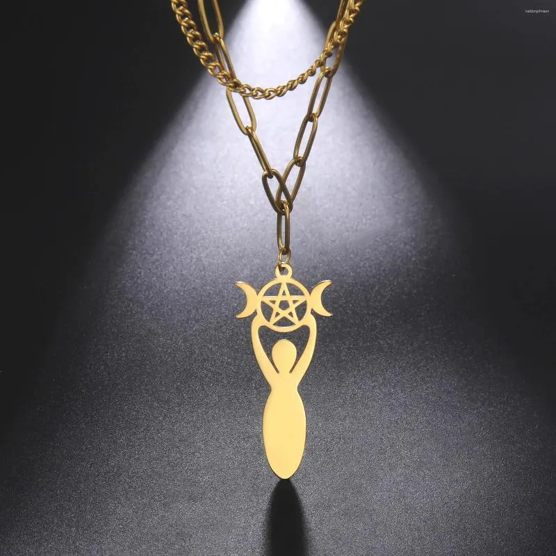 Pendant Necklaces Stainless Steel Paper Clip Chain Goddess Triple Moon Wicca Pentagram Amulet Magic Pentacle Witch Jewelry