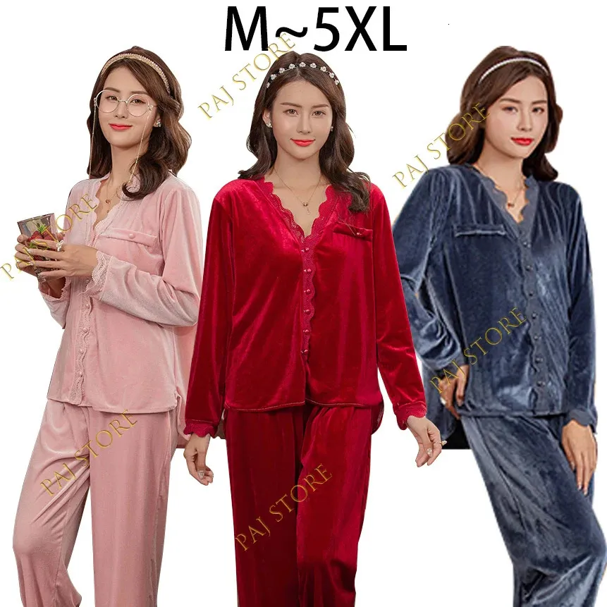 Vêtements de nuit pour femmes 5XL surdimensionné hiver dentelle femmes 'pyjamas ensembles velours sexy chaud vêtements de nuit grosse demoiselle d'honneur Homewear Pijama costume dames pyjamas 231116