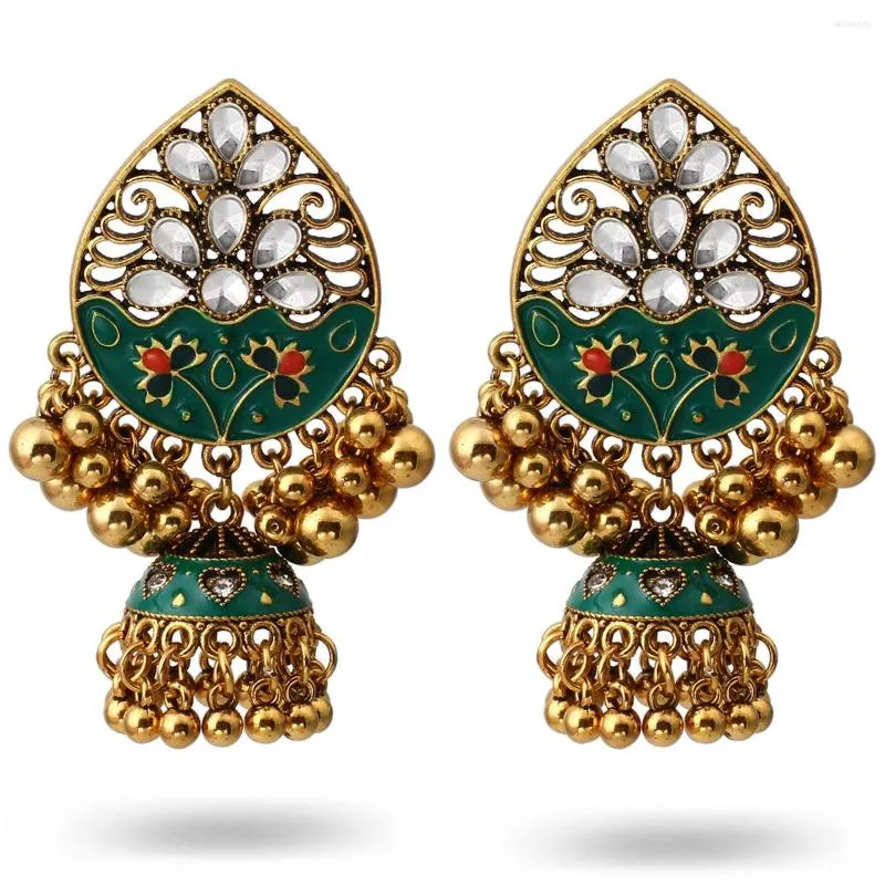 Dangle Earrings Bohemian Ethnic Green Flower Jewelry 2023 Women White CZ Antique Gold Plated Tassel