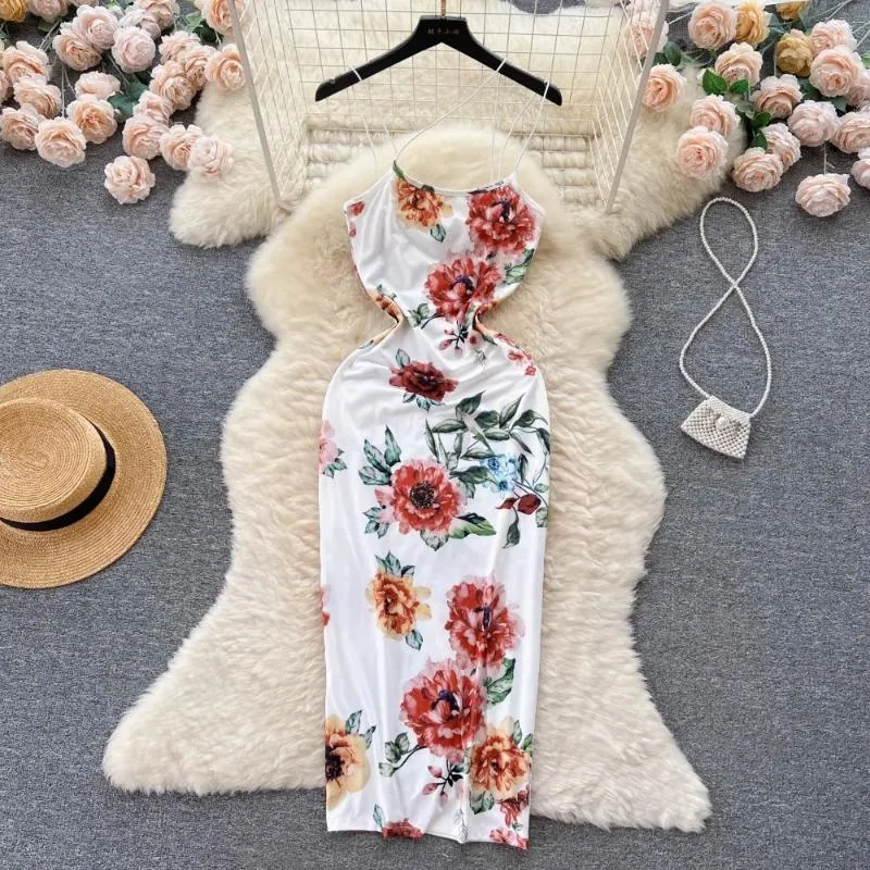 Casual Dresses French Chic Ladies Summer Sales Spaghetti Strap Strapless Floral Print Hip Wrap Vestidos Versatile Dress Drop