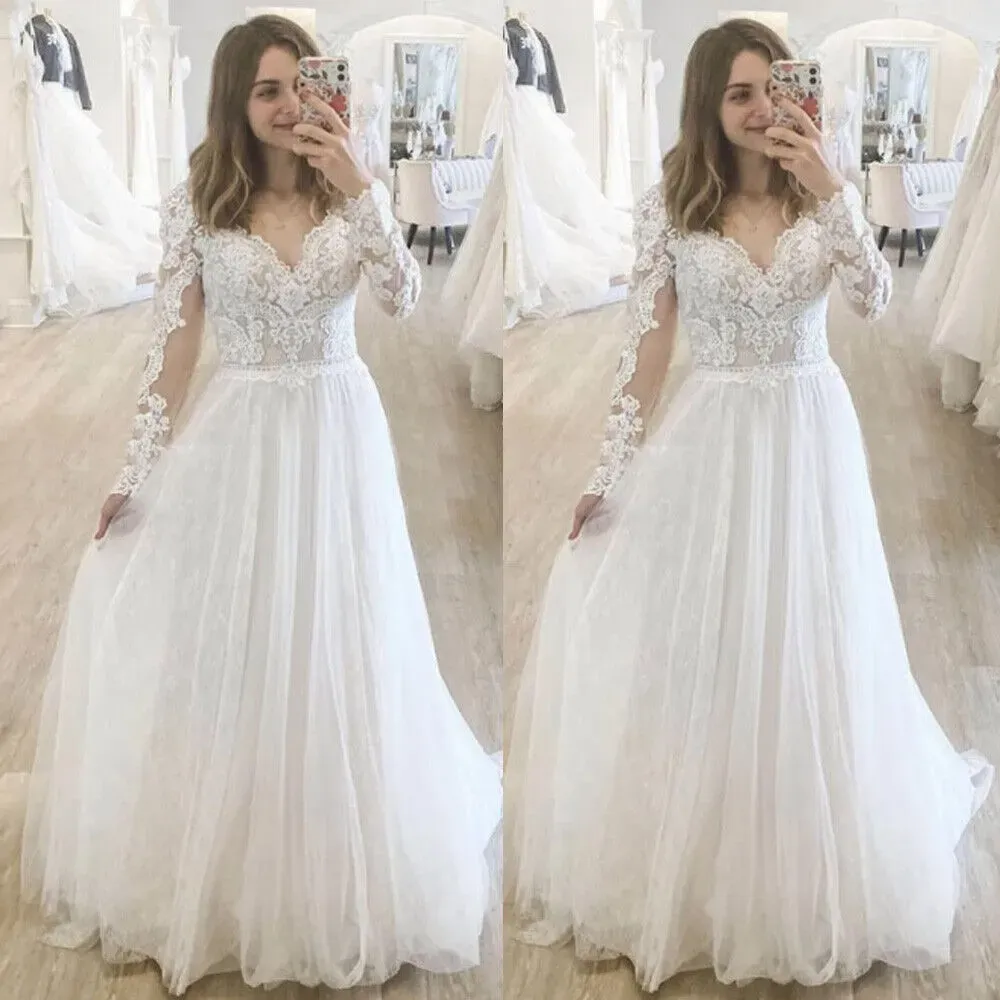 2023 Magníficos vestidos de novia Vestido de novia Mangas largas Apliques de encaje Una línea Tul Festoneado Longitud del piso Jardín Tallas grandes por encargo Jardín Playa vestido de novia