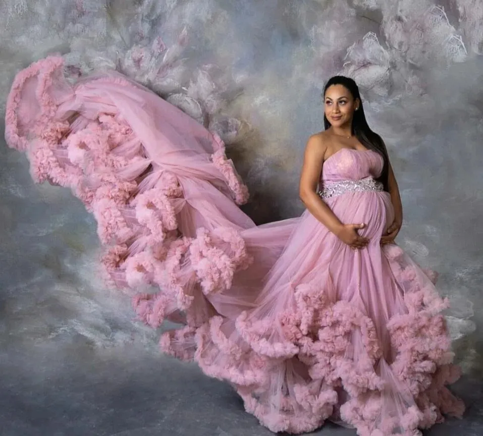 2024 Nuovo vestito da ballo di maternità per foto Donne incinte Sexy senza spalline a strati Ruffles Nigh Robes De Soriee Abito a-line Abiti da gravidanza Baby Shower