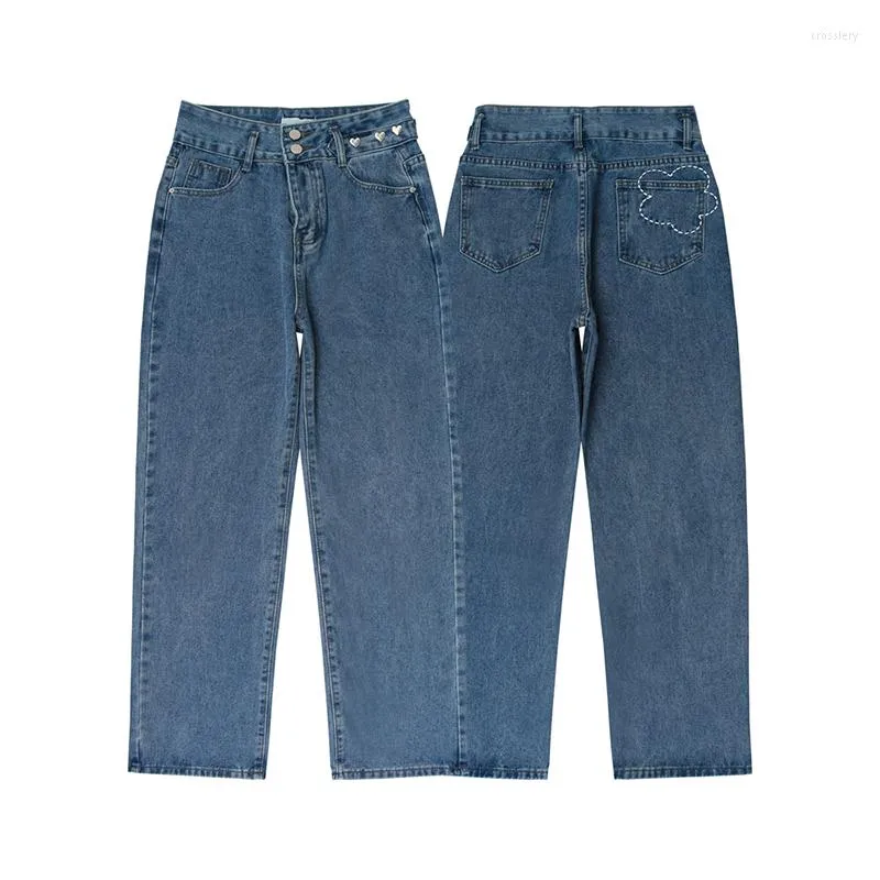 Damen Jeans Frühlingsmode Frauen Y2k Vintage Liebe Hohe Taille Denim Hosen Femme Chic Blumentasche Lässige Gerade Hose Mujer