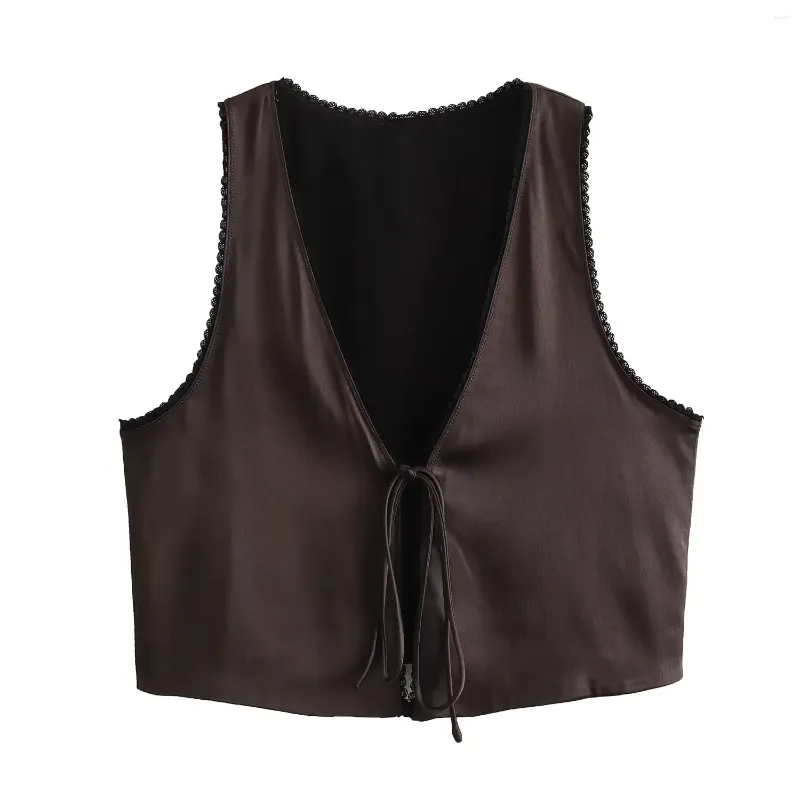 Women's Vests Satin Vest For Women Autumn Crop Waistcoat Woman Fashion Sleeveless Jackets Female V-Neck Front Tie In Outerwears