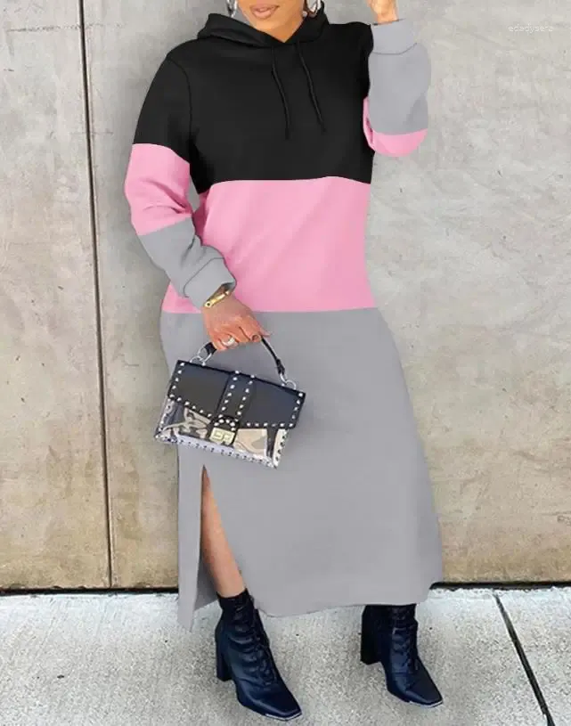 Casual Jurken Dames 2023 Herfst Rechte Colorblock Slit Capuchon Lange Mouw Mode Sweatshirt Jurk Vrouwelijke Kleding