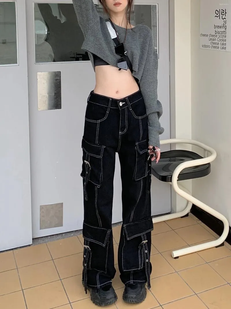 Women's Jeans 2023 American Retro Black Worker Denim Trousers Women Autumn And Winter Wild Straight Loose Wide Legs Thin Pants