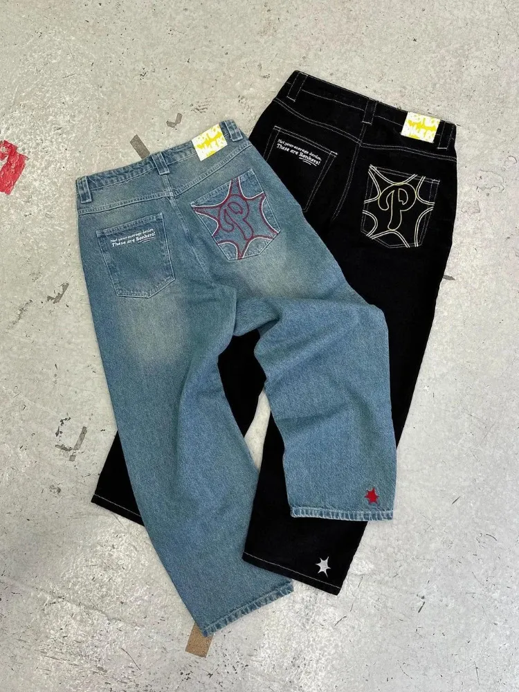 Jeans da uomo larghi casual jeans a gamba larga da uomo street retro jeans con stampa hip hop tendenza moda nero a vita alta Jean Y2k abbigliamento uomo 231116