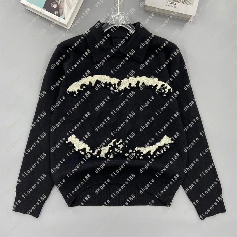 Women`s Sweaters Small Aromatic Knitted Flocked Lapel Long Sleeve Beaded Sweater Black Loose Versatile Women`s Sweater C2024c Cashmere Sweater Women