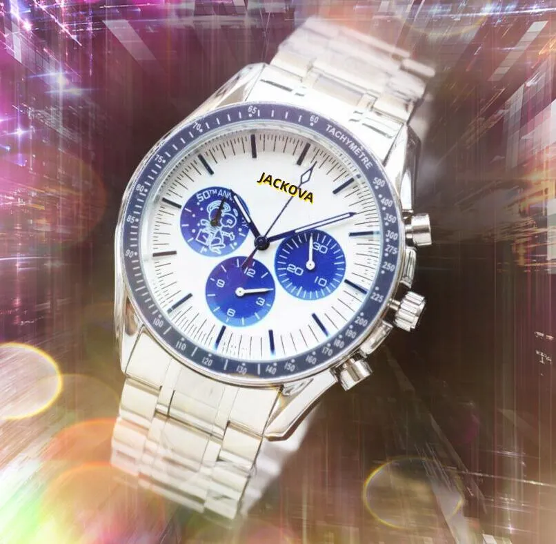 Populaire hommes de luxe en acier inoxydable bande montres en plein air chronographe Quartz batterie professionnelle lune espace lumineux complet fonctionnel montres reloj cadeaux