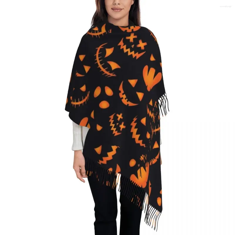 Écharpes Femmes Écharpe Avec Gland Halloween Effrayant Citrouille Long Hiver Chaud Châle Wrap Spooky Dessin Animé Quotidien Porter Cachemire