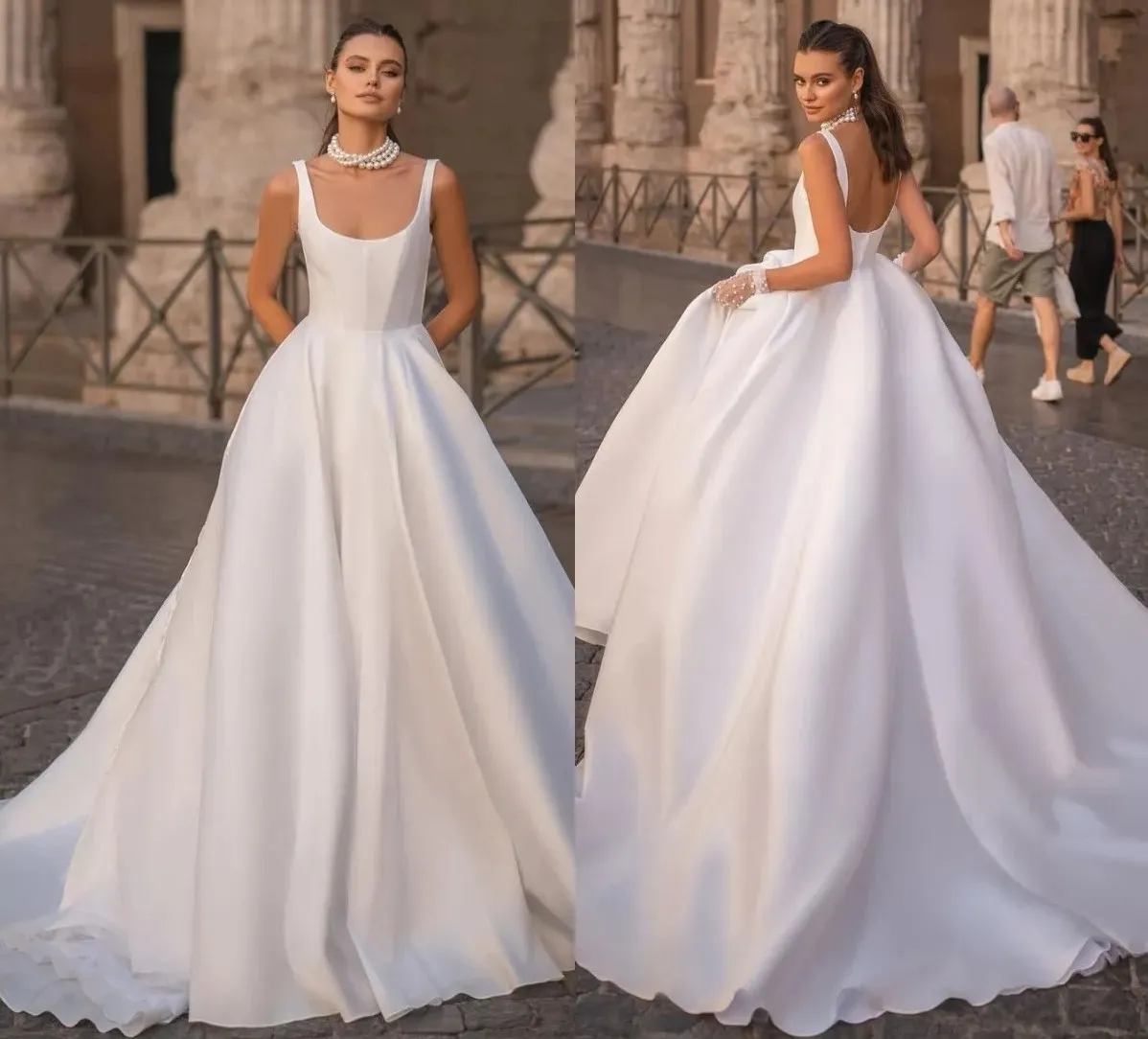 Robe De mariée élégante ligne a pour femmes, col carré, bretelles, dos nu, en Satin, Robe De mariée, 2024