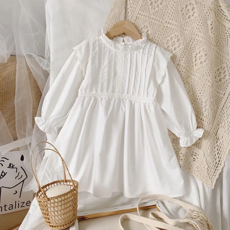Платья для девочек, весна-осень 2023, детское платье, платье для девочек, белое хлопковое платье с длинными рукавами и воротником для малышей