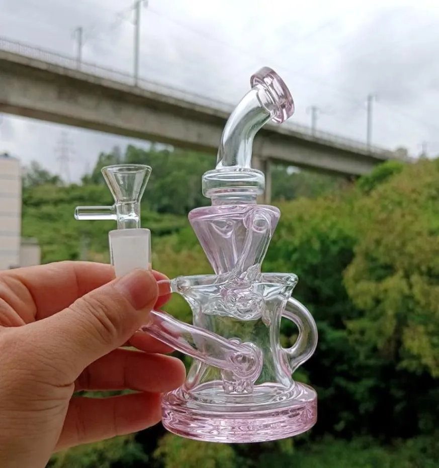 Mini Pink Glass Bong Hookahs Oil Dab Rig Water Recycler Pipes för rökning med kvinnlig 14mm Joint2573635