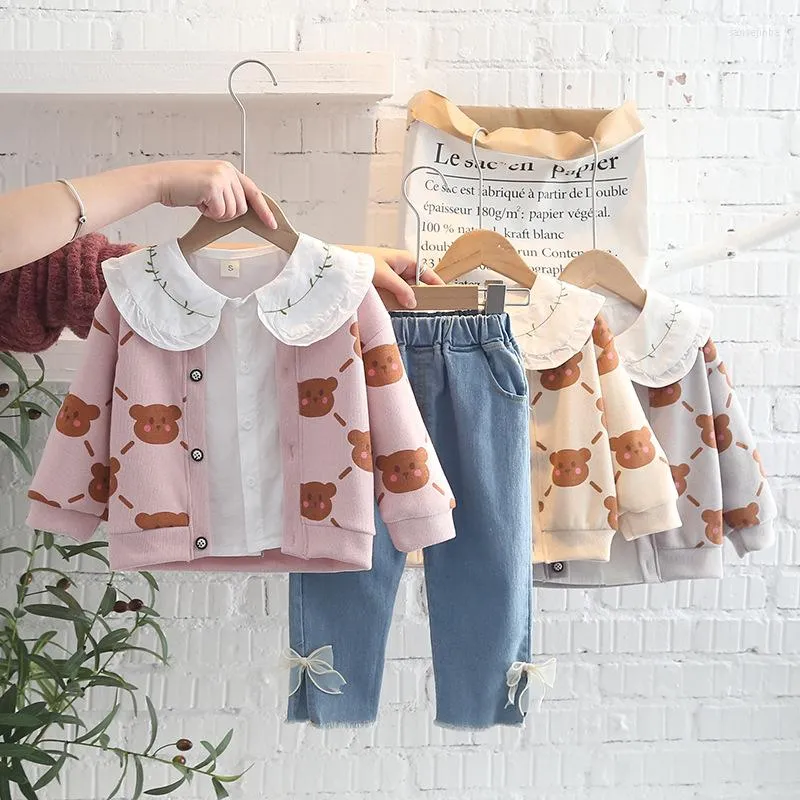 Clothing Sets 2023 Spring Autumn 3PCS Girls Set Cartoon Bear Sweater Coat Long Sleeve Shirt Washed Jeans Pants Baby Clothes