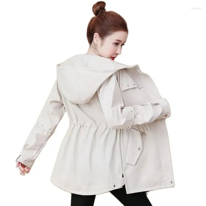 Women's Trench Coats Fashion Hooded Stand Collar Coat Long Sleeve Drawstring Basic Jackets Spring Autumn Female Windbreaker